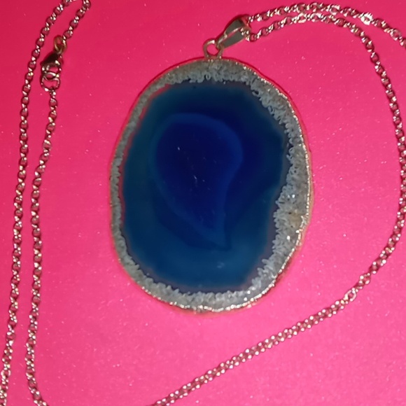 Large Teal blue agate stone necklace 24 inch box chain.silver tone. - Picture 5 of 10